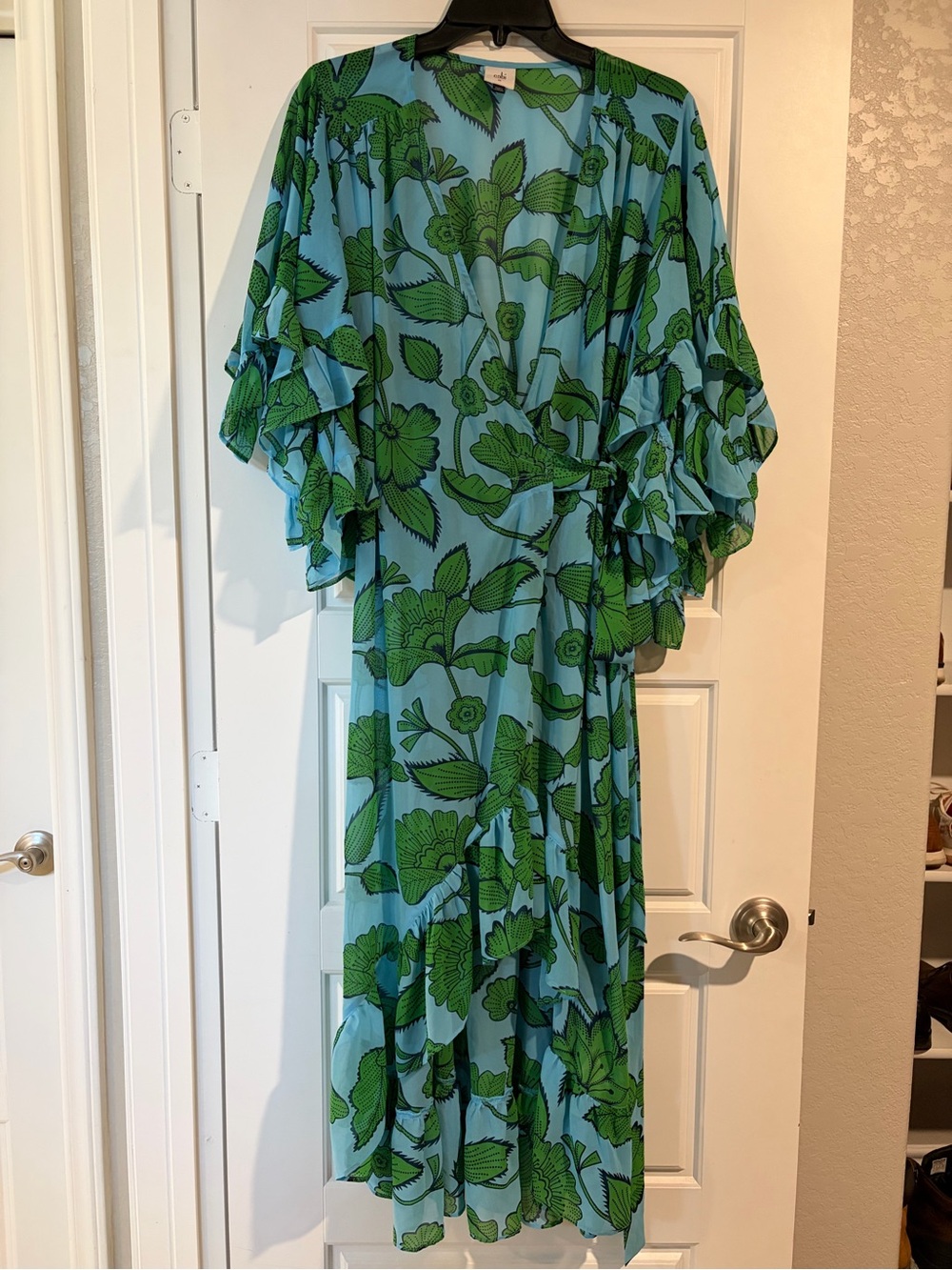 ✨CAbi | Derby Sheer Green Floral Midi Wrap Dress with Flutter Sleeves | Sz M - Picture 4 of 12
